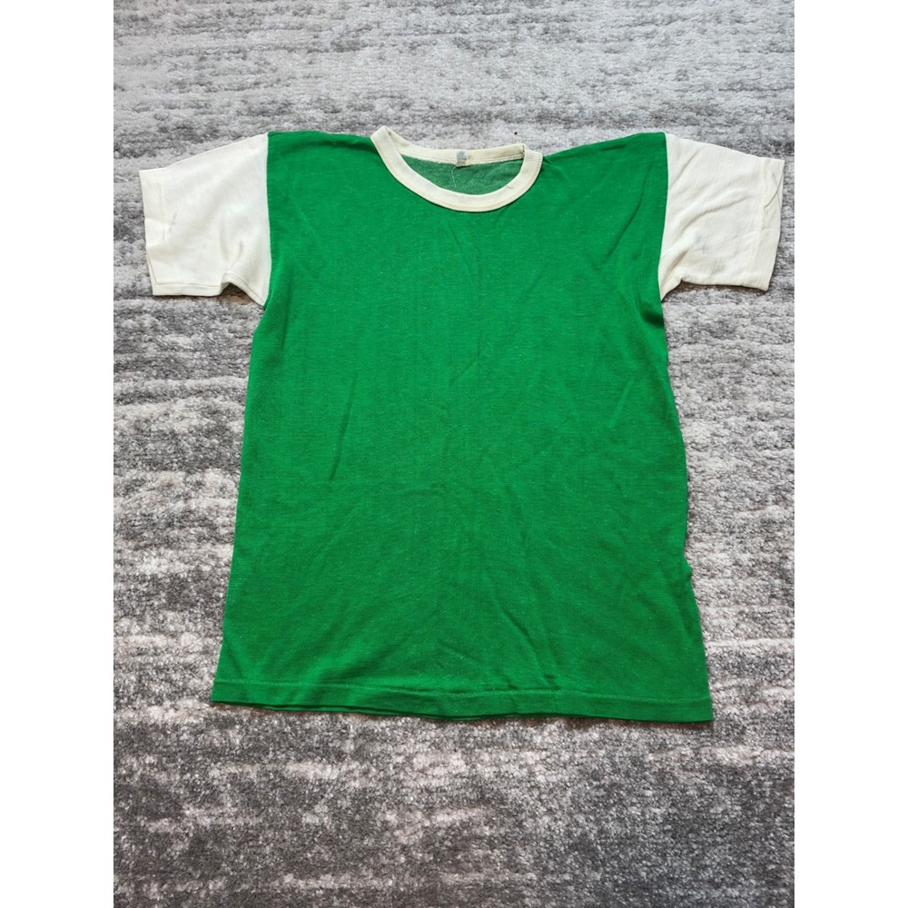 Vintage 70s T-Shirt Kids Large Green White Colorblock Short Sleeve Crew Neck